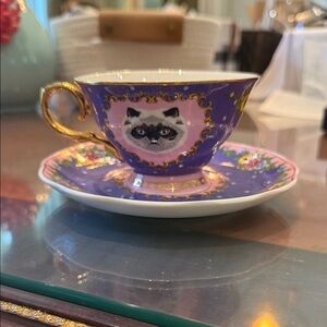Purple and Gold Cat Teacup and Saucer